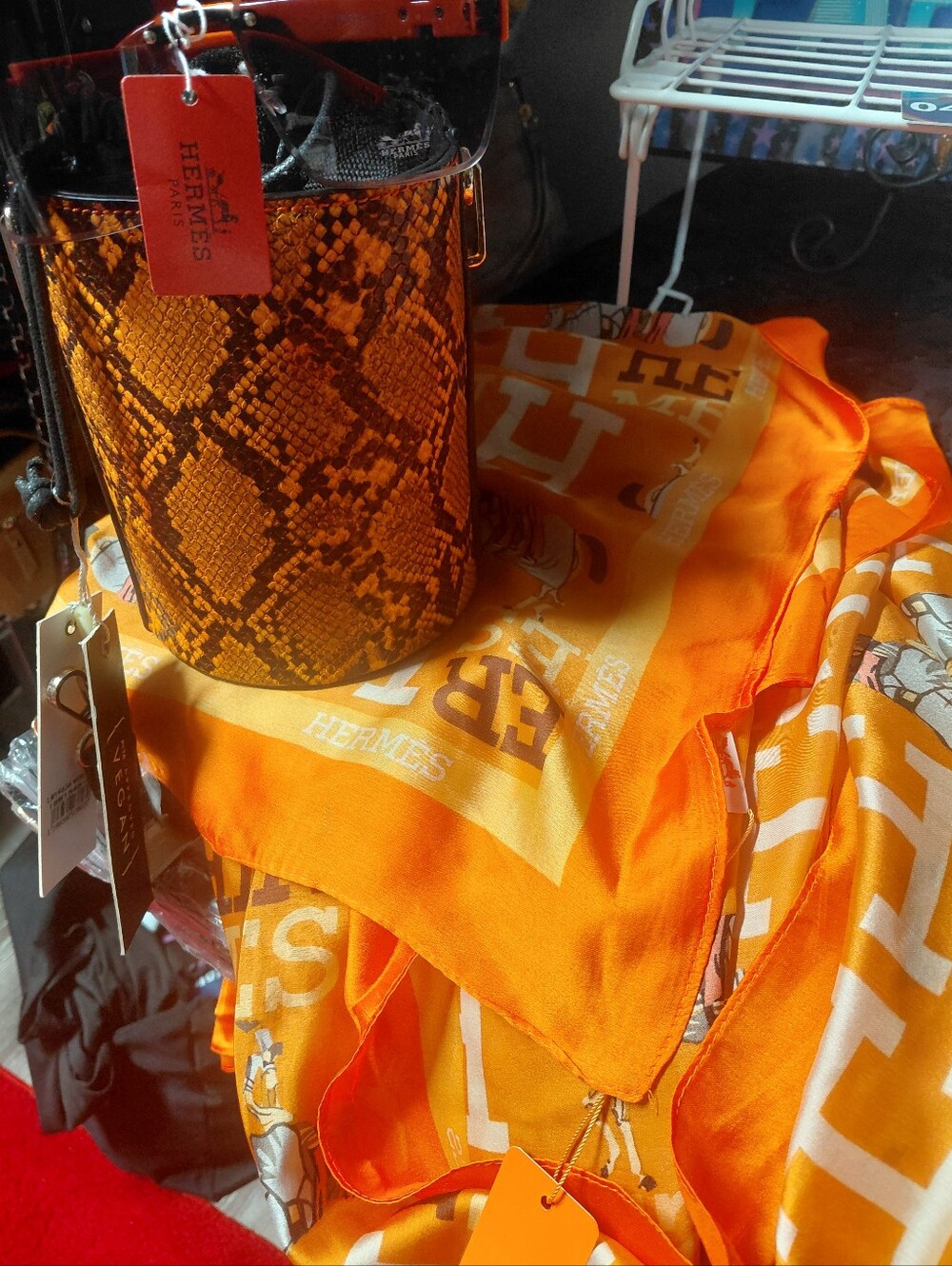 Orange Python-Pattern Bucket Bag